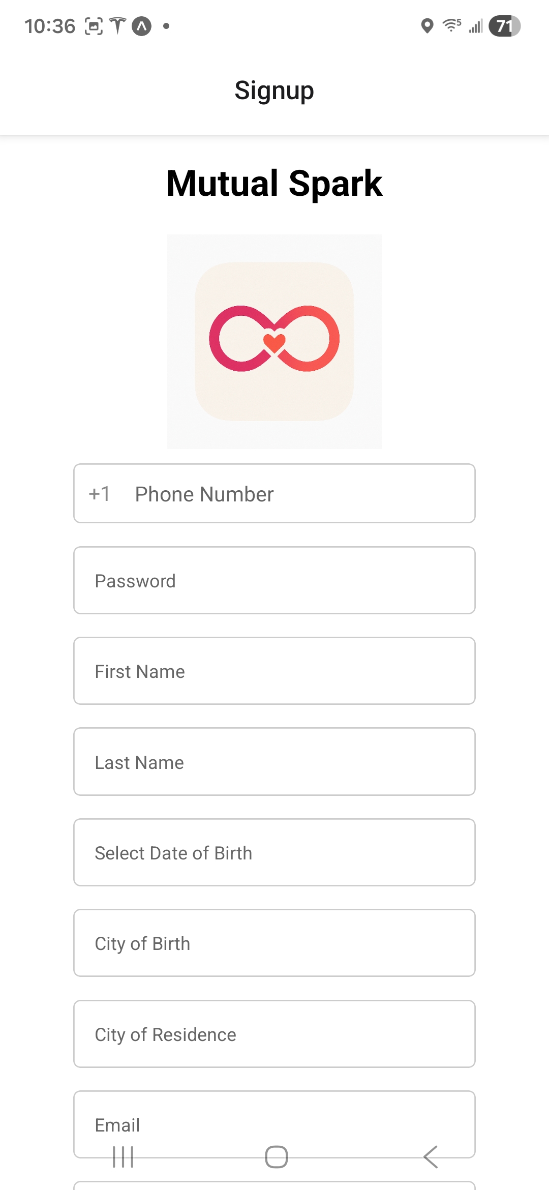 Mutual Spark sign up screen